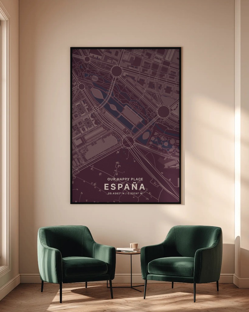 Framed Starframer map poster in a minimalist room with two green chairs