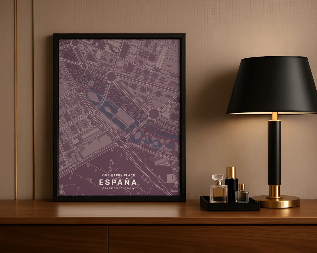 Framed Starframer map poster beside a table lamp on a wooden shelf