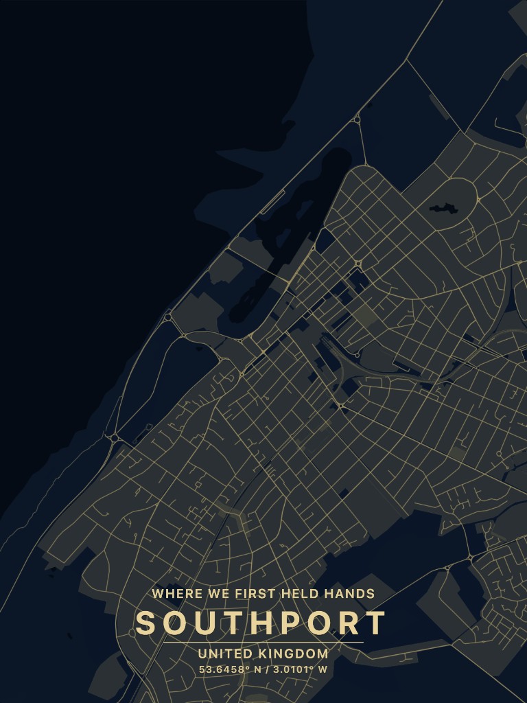 Framed Starframer map poster for Southport in a dark blue style