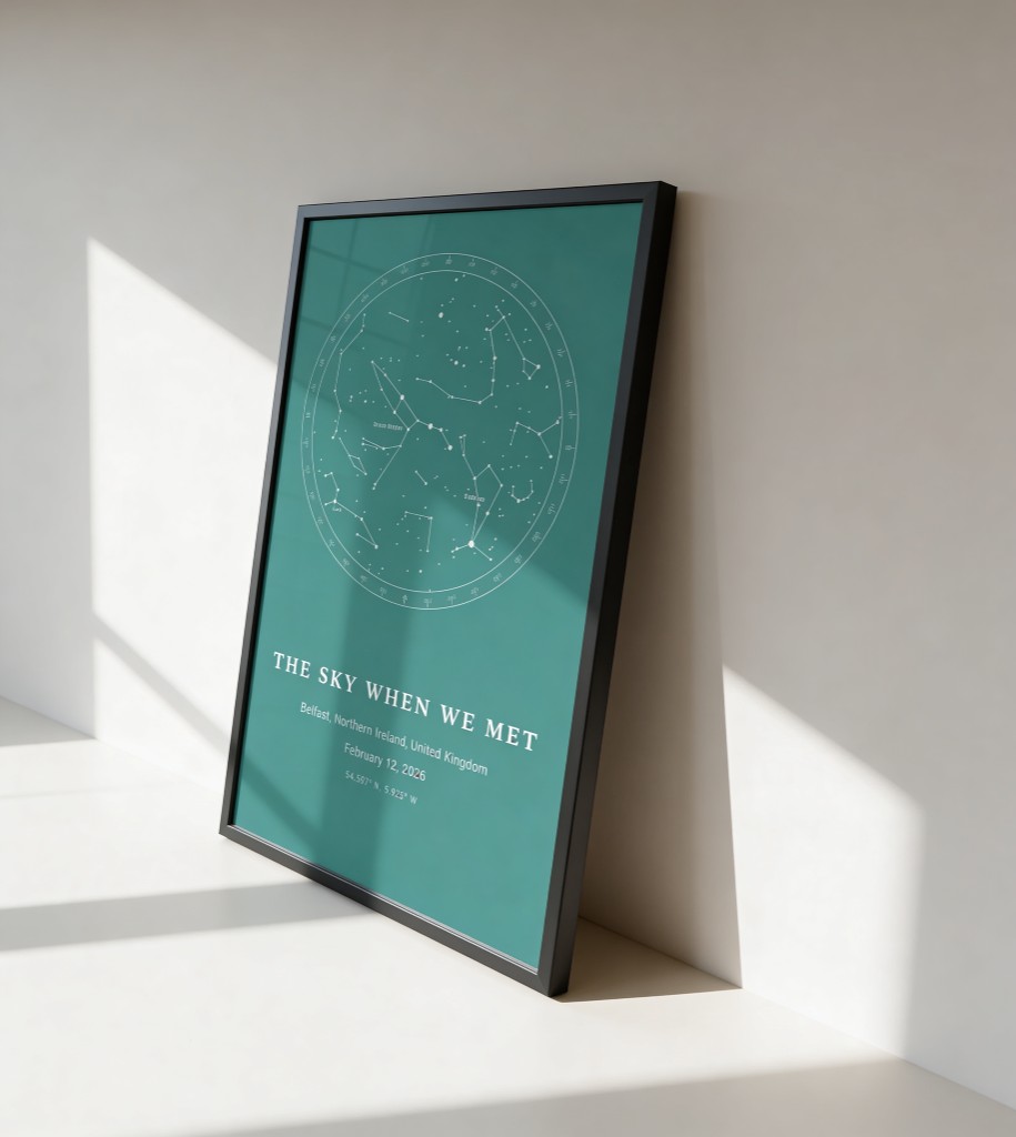 Shop preview: framed teal personalized star map poster with constellation lines and custom title, metal frame, Starframer